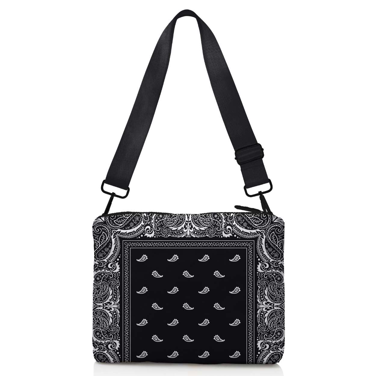 Black and white Bandana Print bag with a strap on a white background