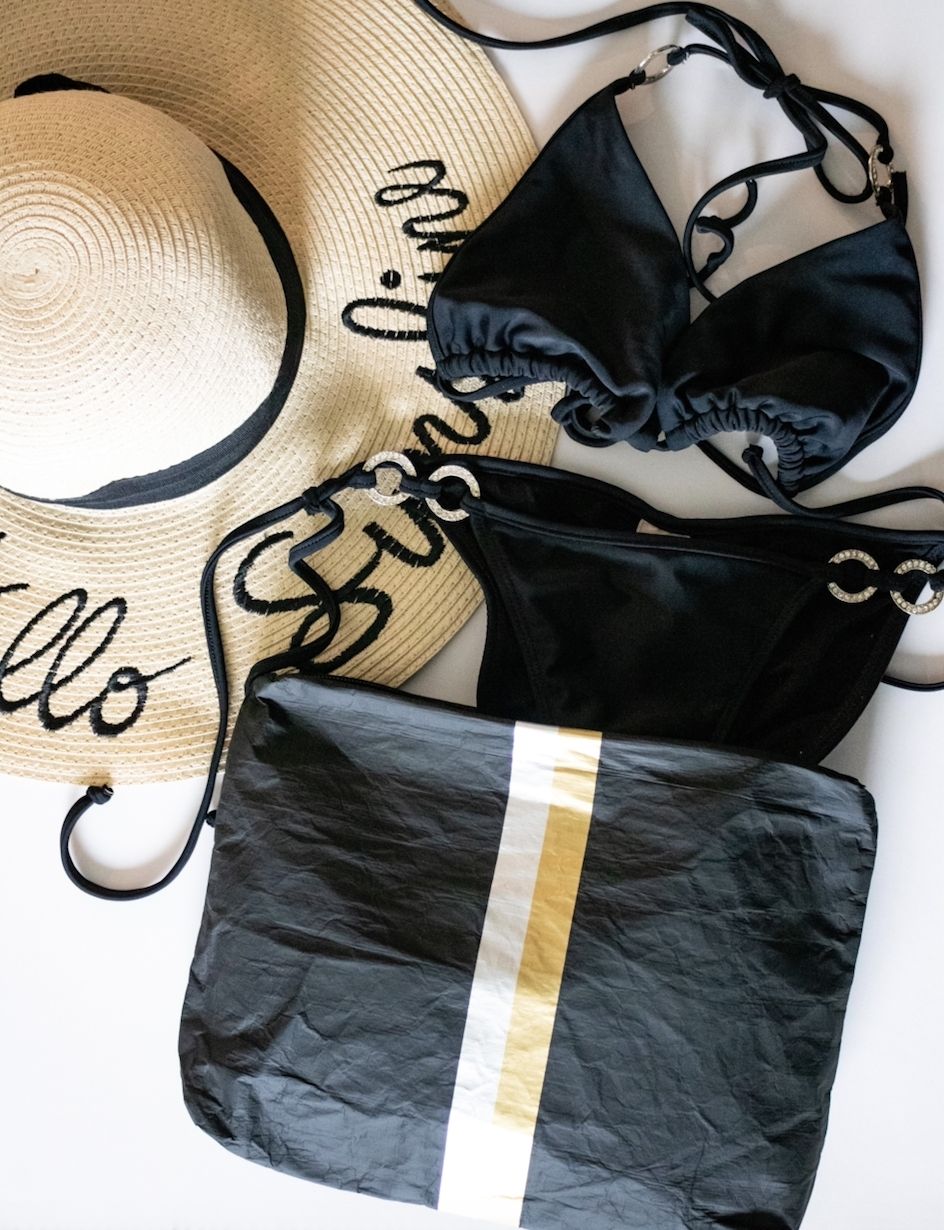 Medium pouch in black with silver and gold stripes