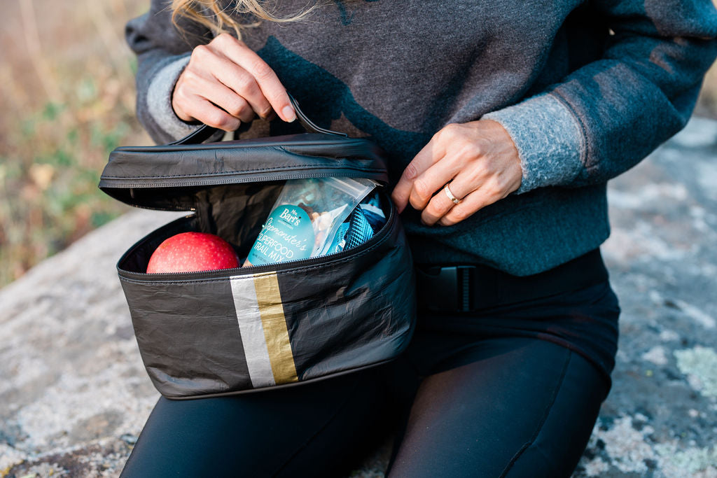 Cosmetic case or lunch box in black with silver and gold stripes