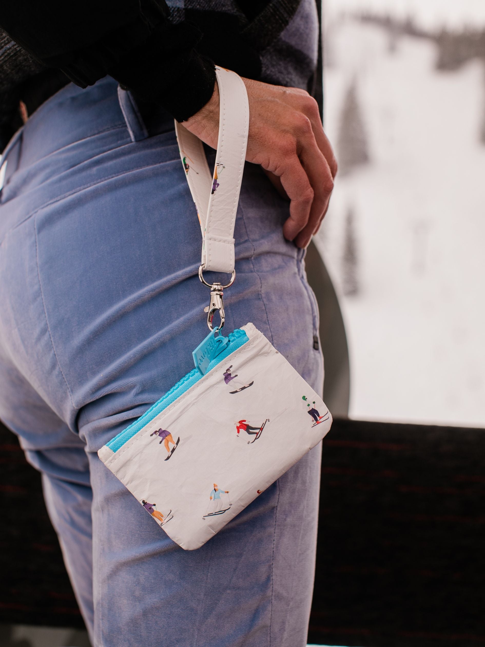 Gift Card Size pouch set in dancing skiers and snowboarders pattern