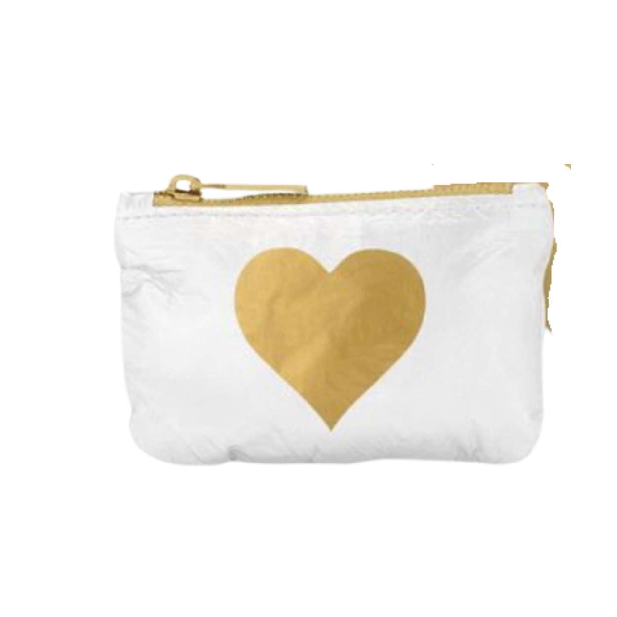 White pouch with a gold heart design on a white background