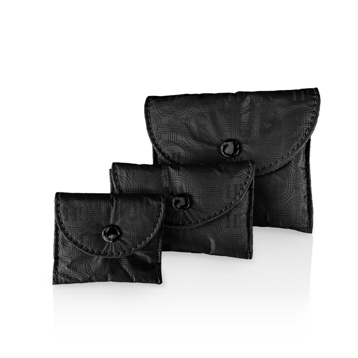 Jewelry Set of Three Black Mini snap Pouches on white background