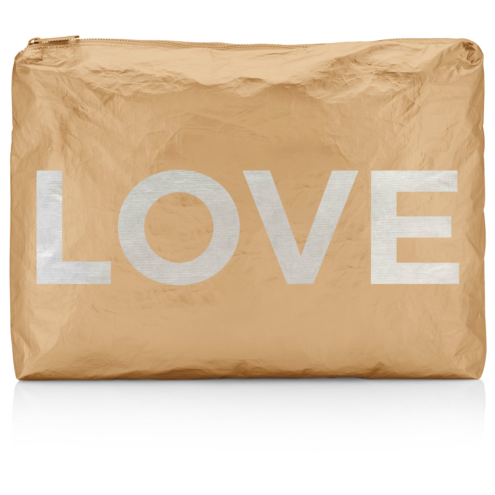 Jumbo zipper pouch in gold with LOVE on white
