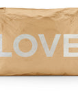 Jumbo zipper pouch in gold with LOVE on white