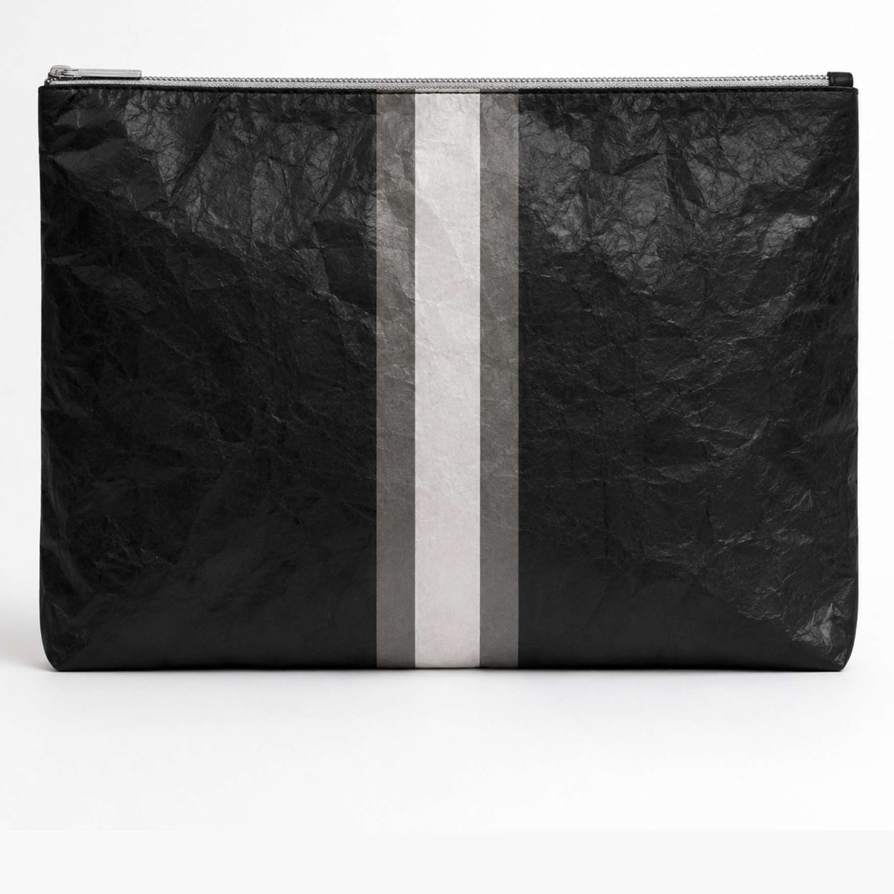 Black Signature Jumbo Travel Zip Pouch featuring pewter and silver center stripes in a lightweight, water-resistant design on white background.