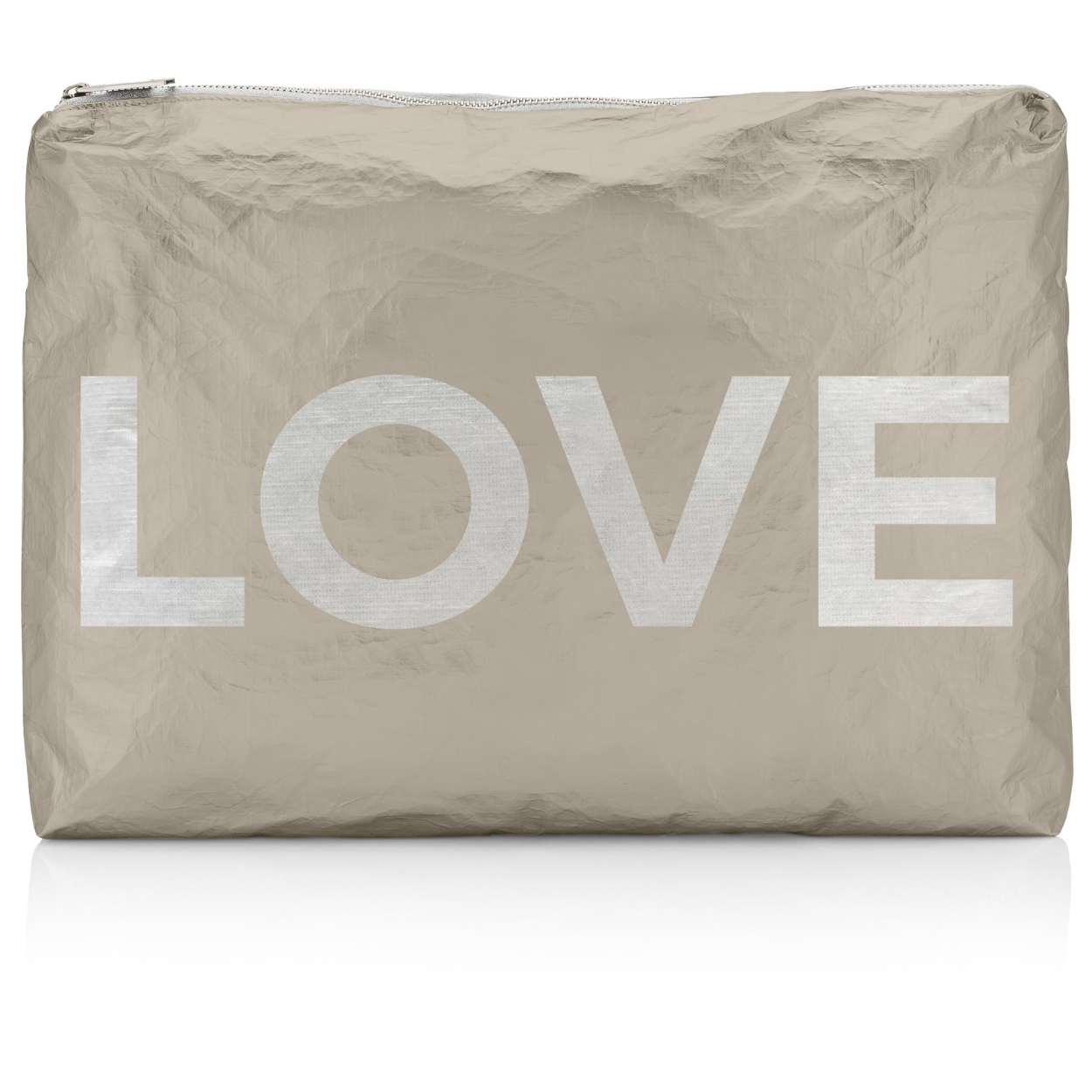 Jumbo zipper pouch in shimmer beige with silver LOVE on white background