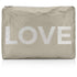 Jumbo zipper pouch in shimmer beige with silver LOVE on white background