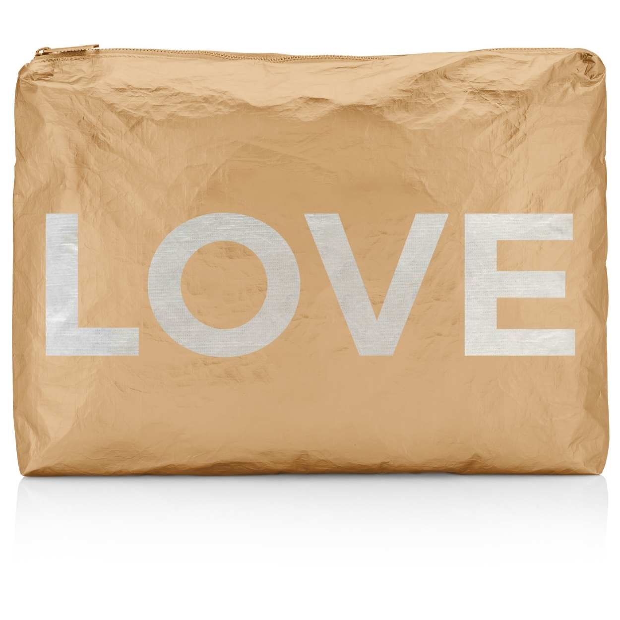 Gold pouch with 'LOVE' printed on it against a white background