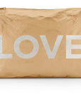 Gold pouch with 'LOVE' printed on it against a white background