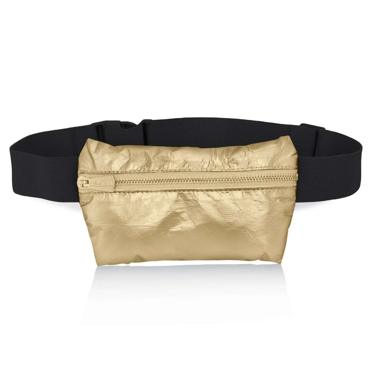 A metallic gold fanny pack attached to a black elastic belt, shown against a plain white background with a soft reflection below.