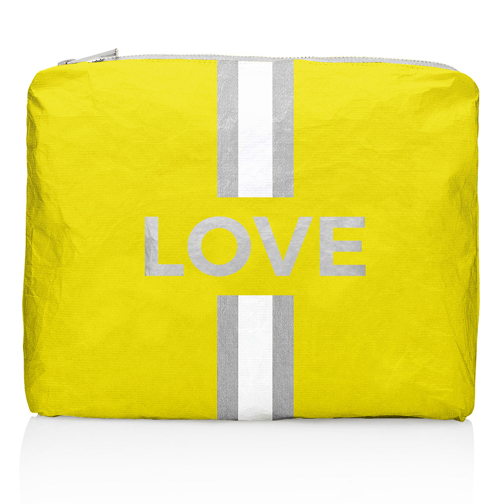 Medium Zipper Pouch in Lemon Yellow with Silver Love and Stripes