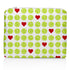 A medium-sized zipper pouch with a pattern of green tennis balls and red hearts on a white background.