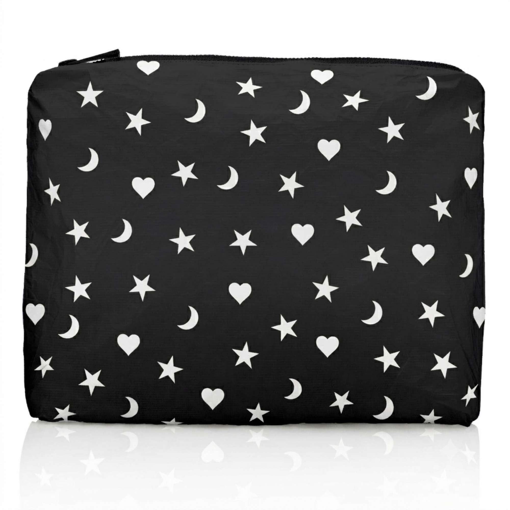 Black pouch with white star, moon, and heart pattern on a white background
