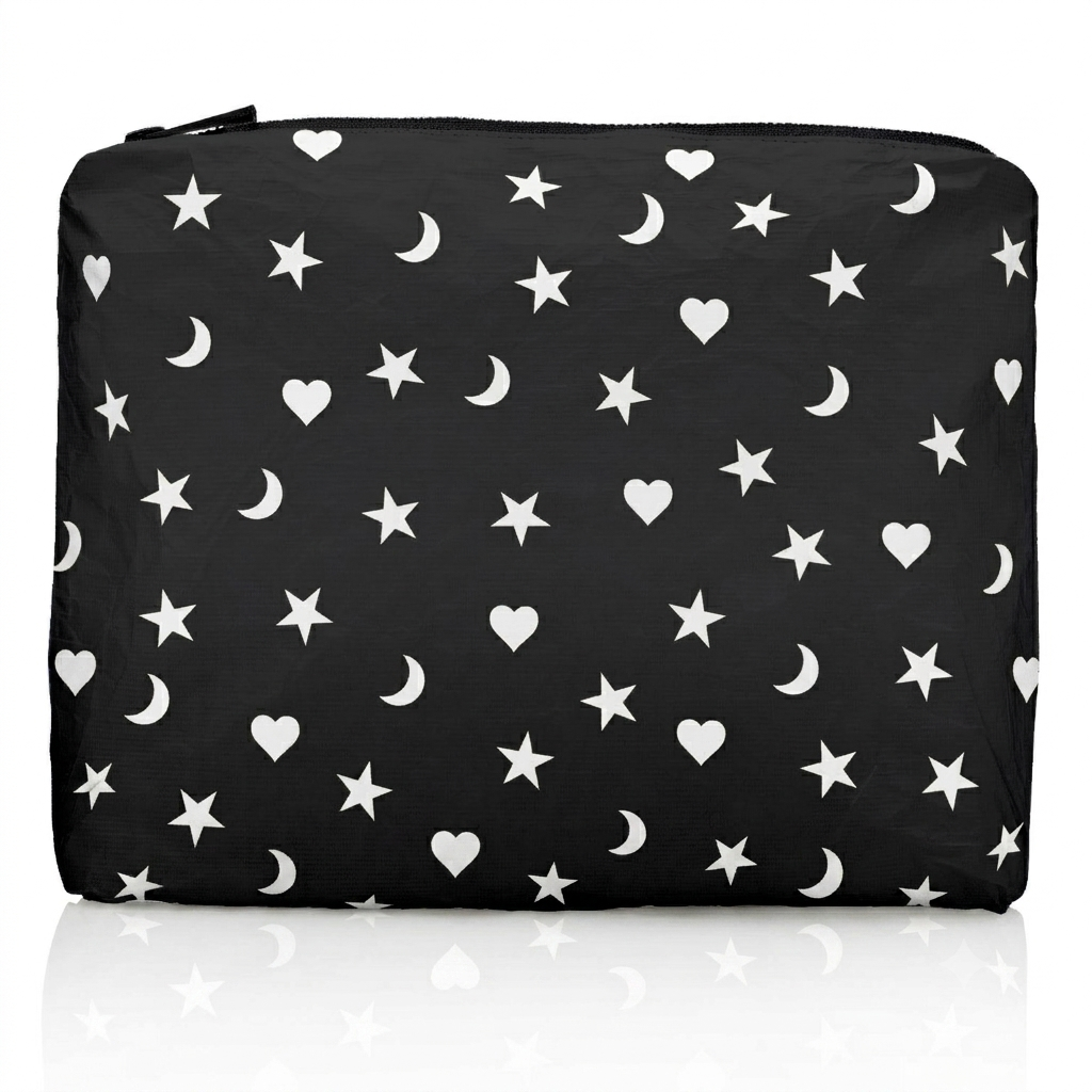 Black pouch with white star, moon, and heart pattern on a white background
