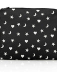 Black pouch with white star, moon, and heart pattern on a white background