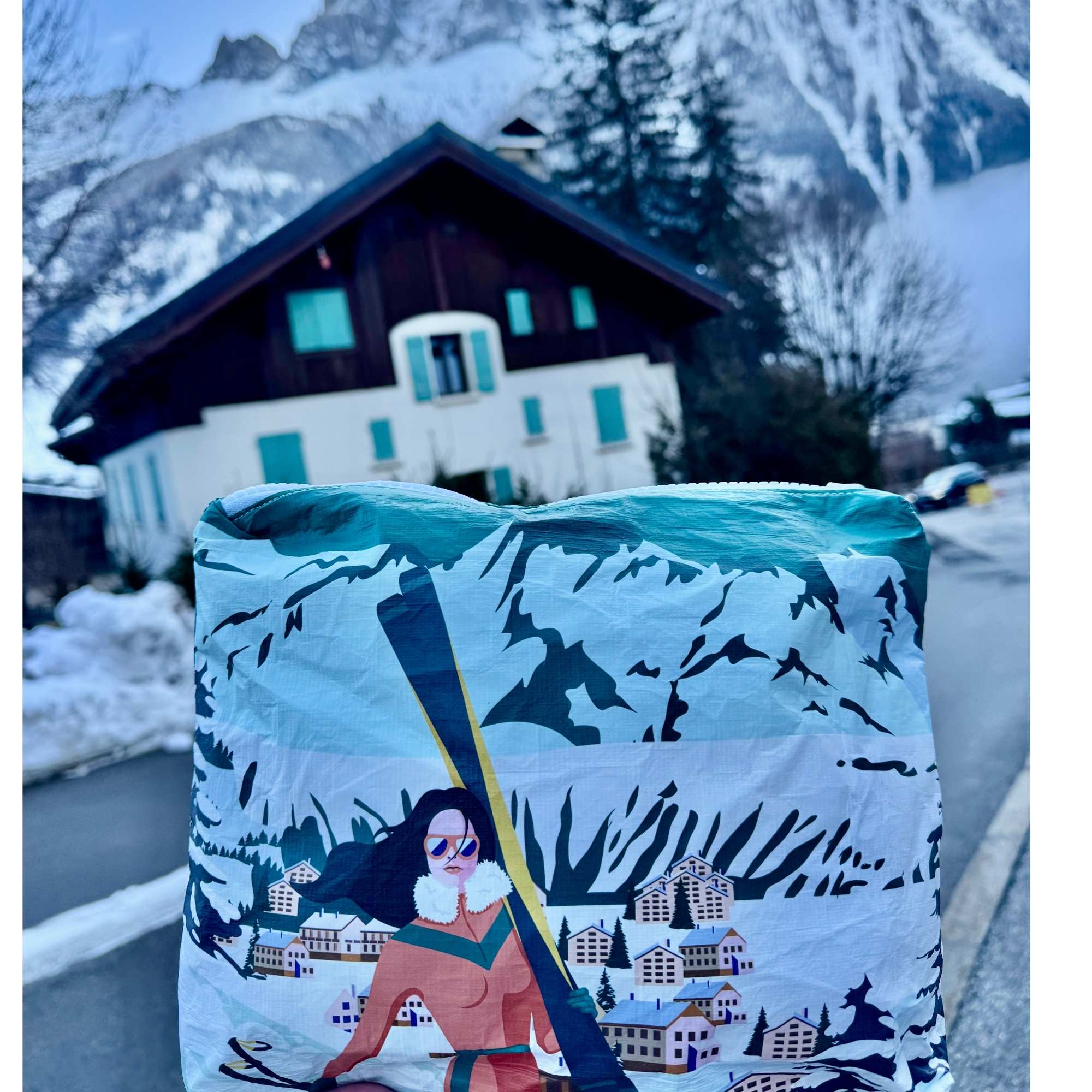 Clutch Bag for Apres Ski with matching Skier Chalet scene printed on bag