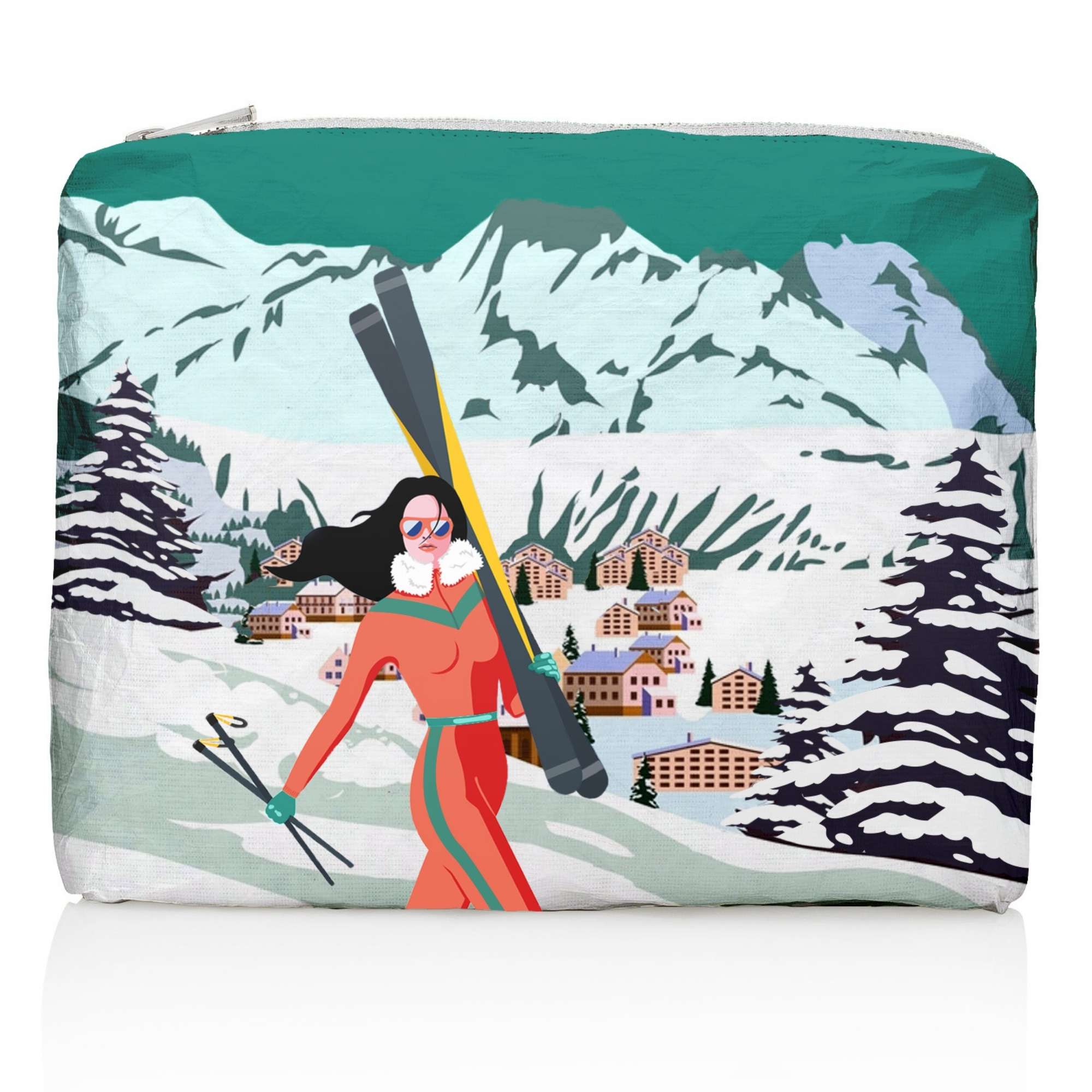 Zipper Pouch in Green with Woman Carrying Skis in Orange ski Suit 