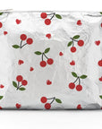 Medium Zipper Pouch with red cherry and heart pattern on a white background