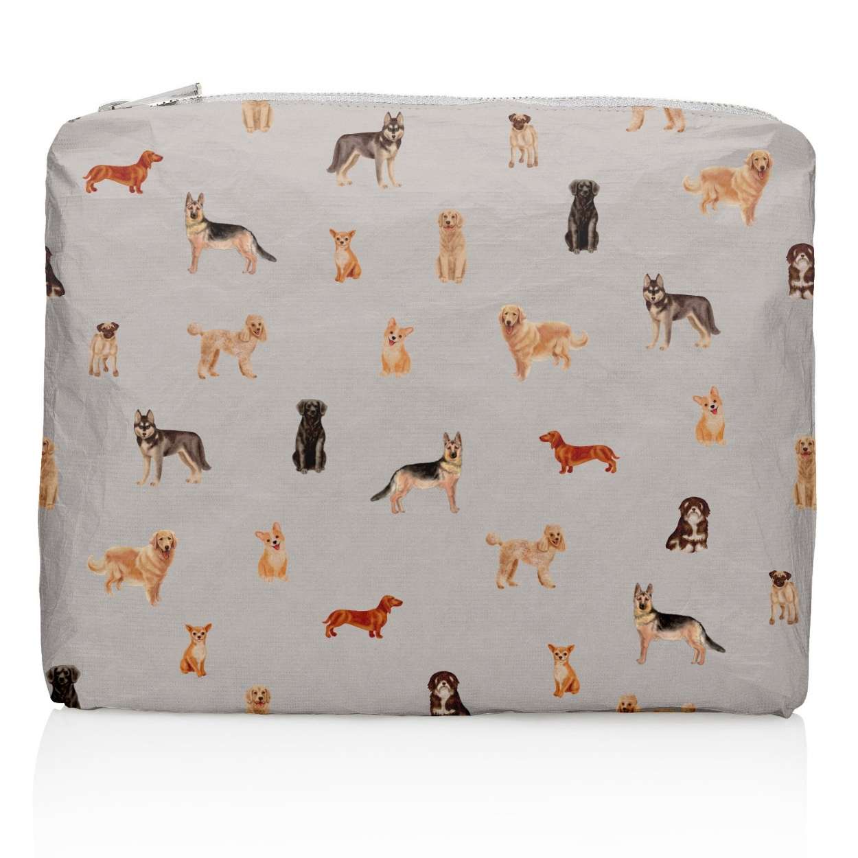 Medium Zipper Pouch Earth Gray in Myriad of Dogs print on white