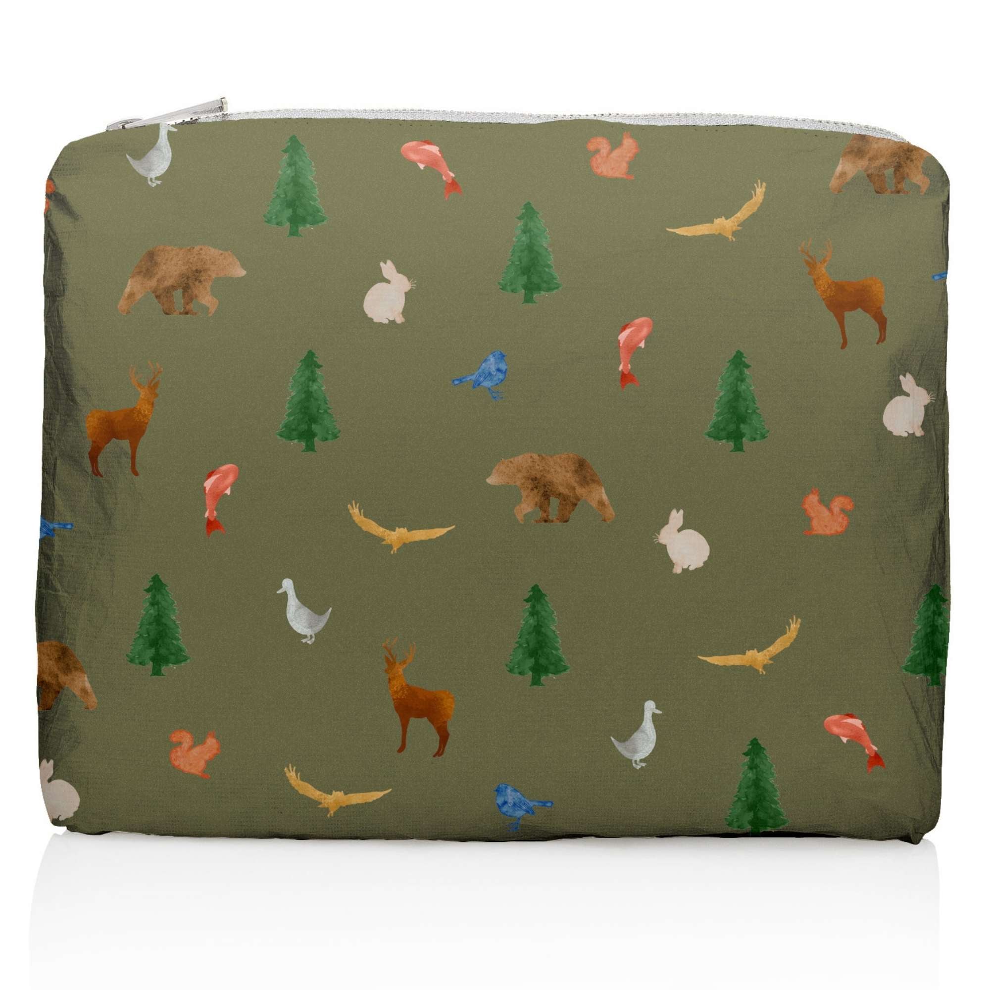 Zipper Pouch in Green with bear deer bird duck bunny squirrel fish