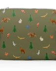 Zipper Pouch in Green with bear deer bird duck bunny squirrel fish