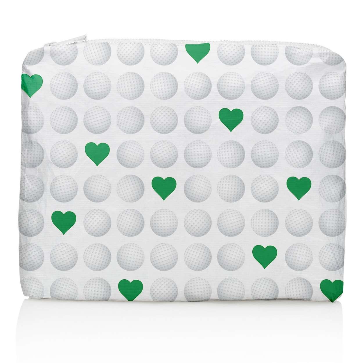 Zipper Pouch with golf ball and heart pattern on a white background