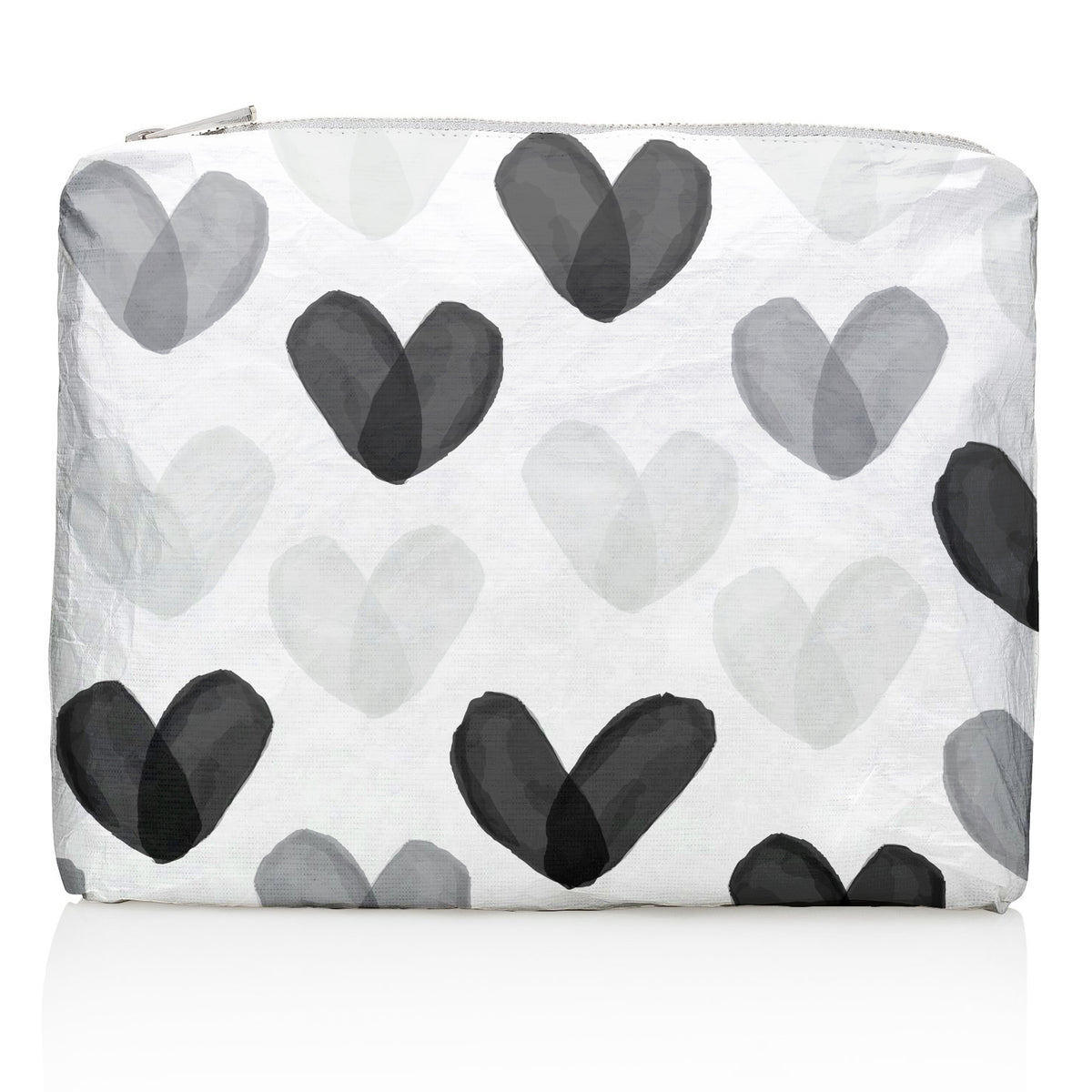 A white zippered pouch with an all-over pattern of overlapping watercolor hearts in black, gray, and white, shown on a clean white background.