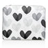 A white zippered pouch with an all-over pattern of overlapping watercolor hearts in black, gray, and white, shown on a clean white background.