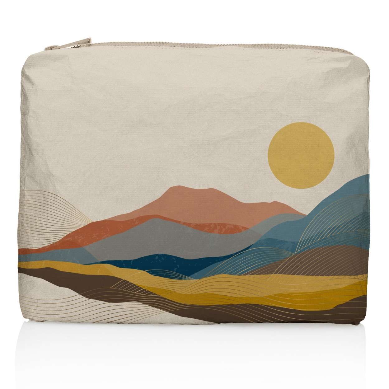 Medium Zipper Pouch Beige Blue Yellow Mountain Landscape