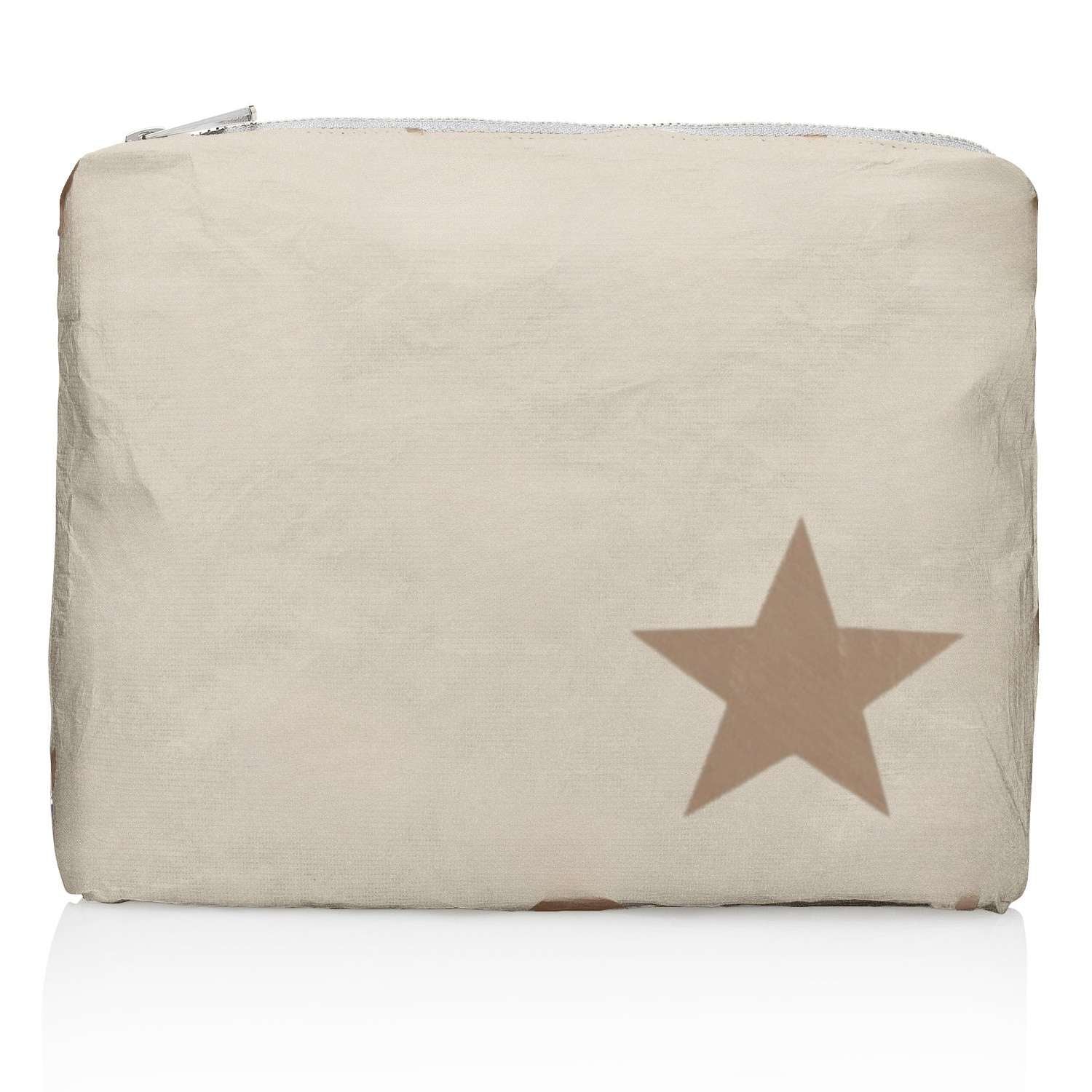 Medium Zipper Pouch in Shimmer Beige with western bronze star on white background