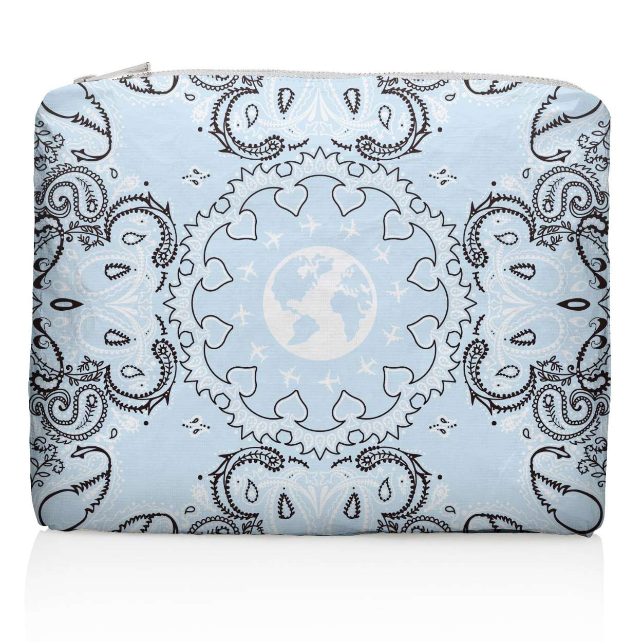 Blue pouch with black bandana pattern on a white background