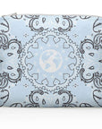 Blue pouch with black bandana pattern on a white background