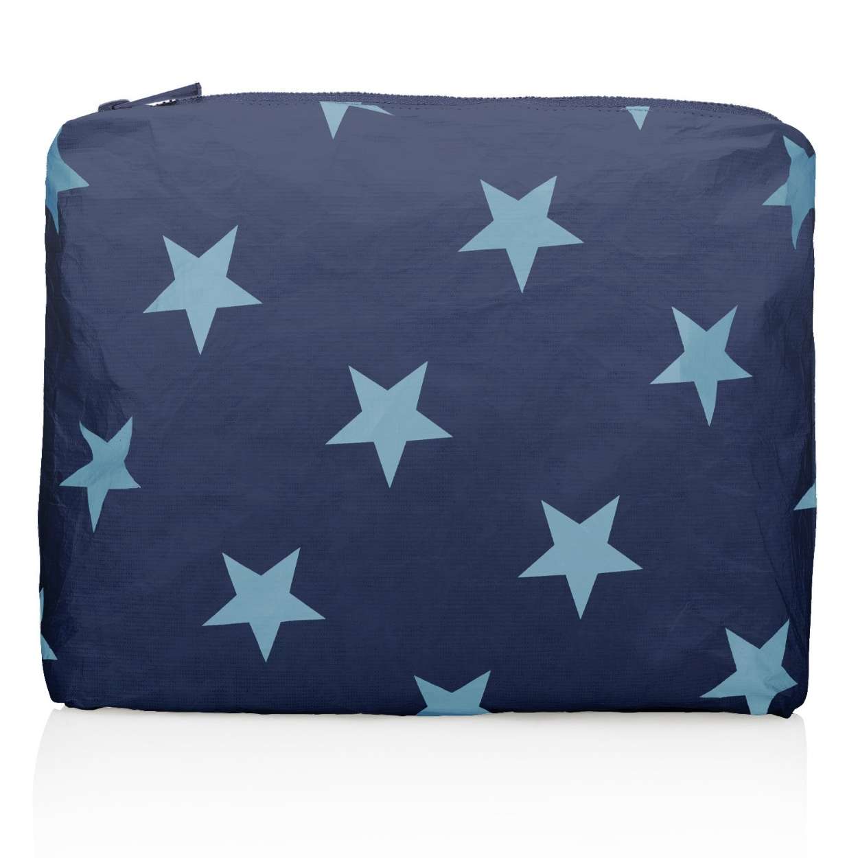 Medium Zipper Pouch Shimmer Navy with Multi Light Blue Stars on white