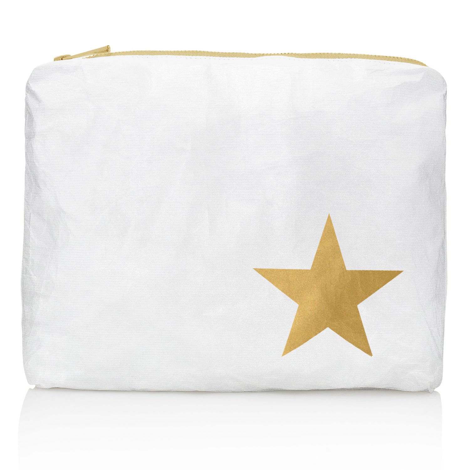 Medium Zipper Pouch Shimmer White Gold Star Gold Zipper on white