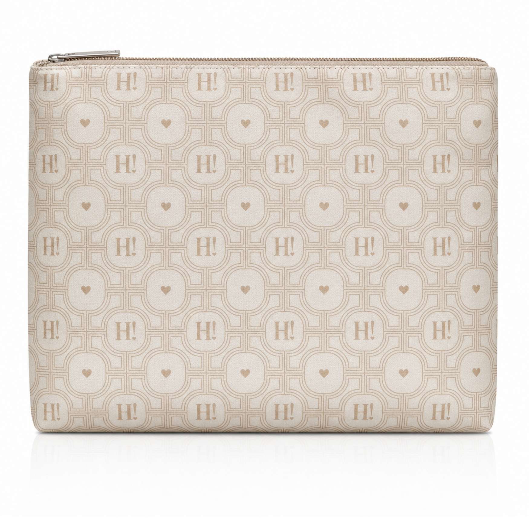 Beige Signature Hi Print travel pouch with zip closure featuring an allover geometric heart and Hi logo pattern on a white background.