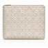 Beige Signature Hi Print travel pouch with zip closure featuring an allover geometric heart and Hi logo pattern on a white background.