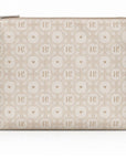 Beige Signature Hi Print travel pouch with zip closure featuring an allover geometric heart and Hi logo pattern on a white background.