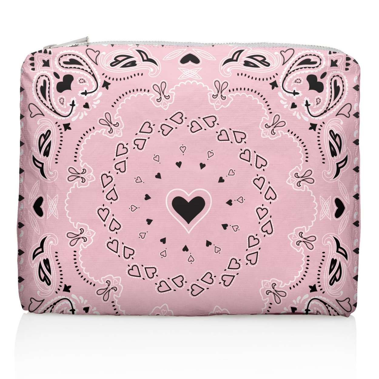 Pink pouch with black heart and bandana pattern on a white background