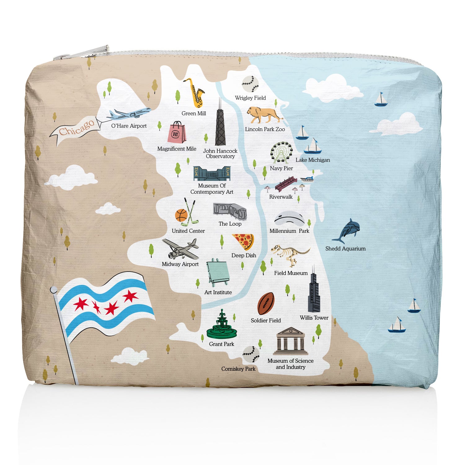 Map of Chicago Landmarks printed on a Zipper Pouch on white background.