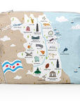 Map of Chicago Landmarks printed on a Zipper Pouch on white background.