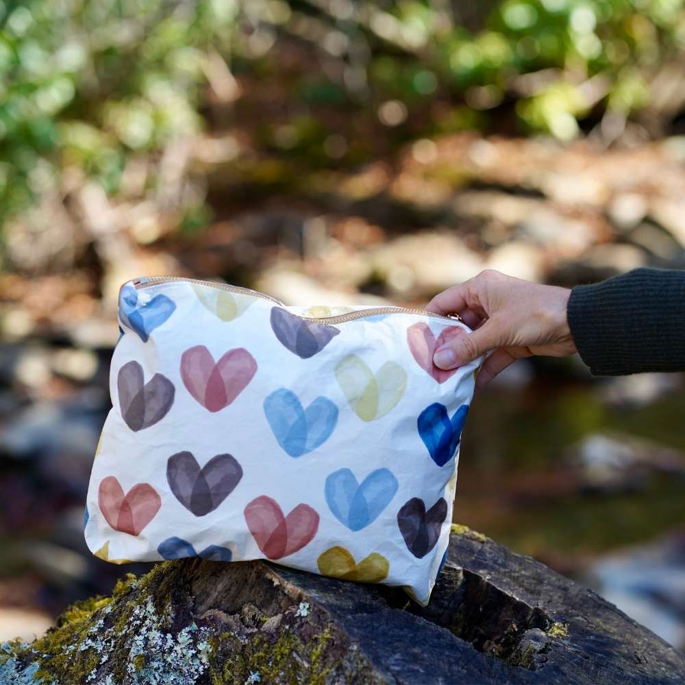 Medium Zipper Pouch bag with heart print in shades of bronze blue and yellow