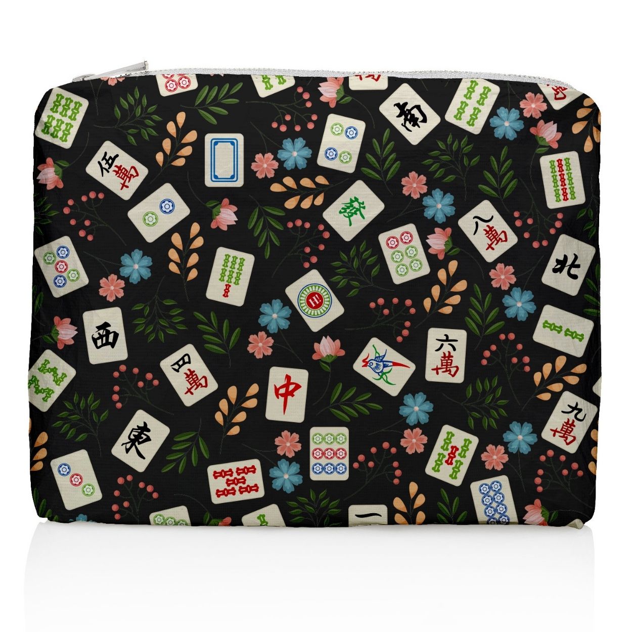 A zippered cosmetic pouch featuring a black background printed with a colorful Mahjong tile and floral pattern, shown against a plain white background.