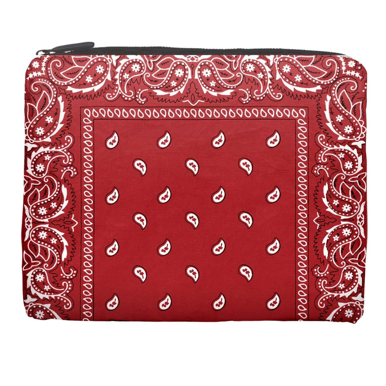 Red bandana patterned pouch with white paisley design on a white background