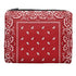 Red bandana patterned pouch with white paisley design on a white background