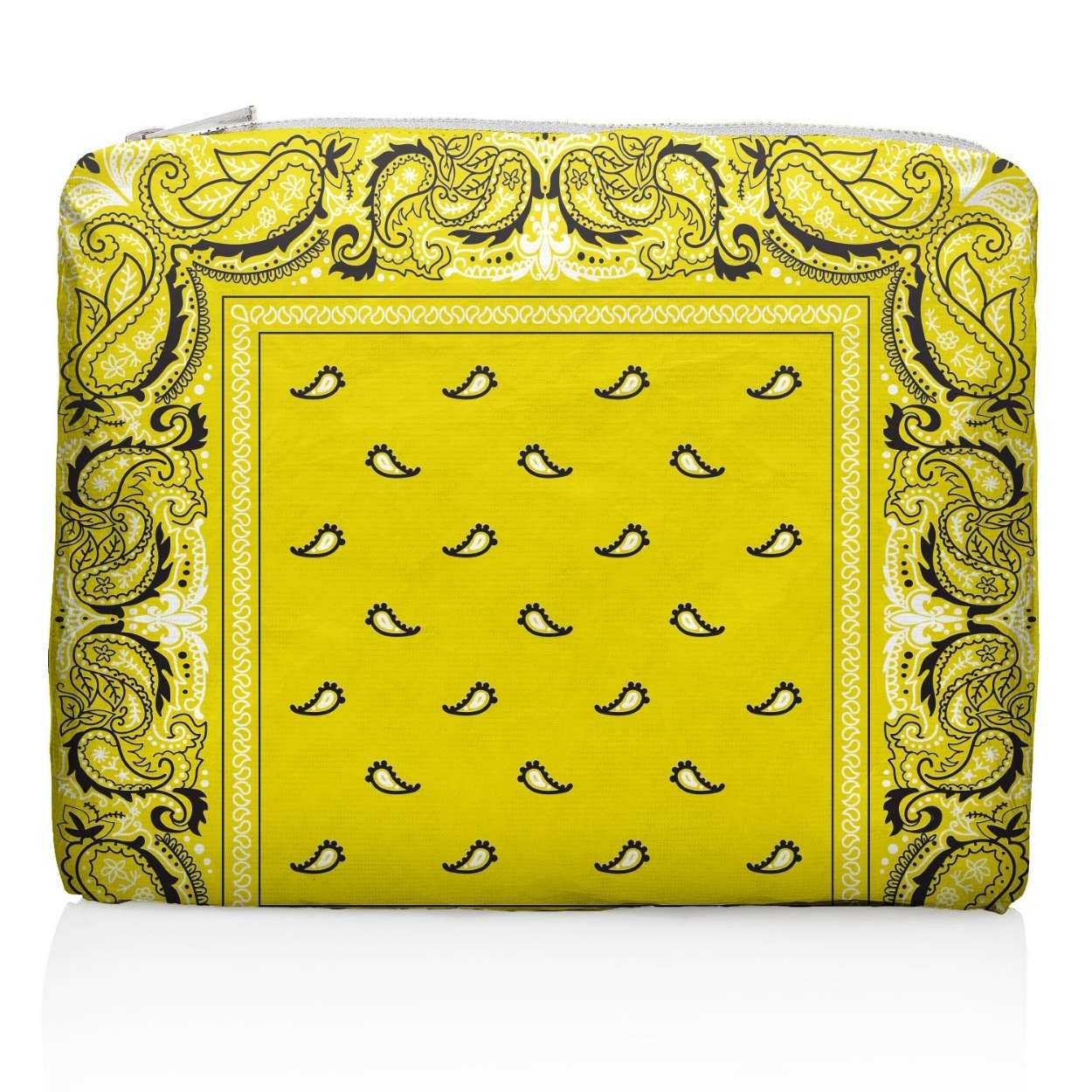 Yellow pouch with black paisley bandana pattern on a white background
