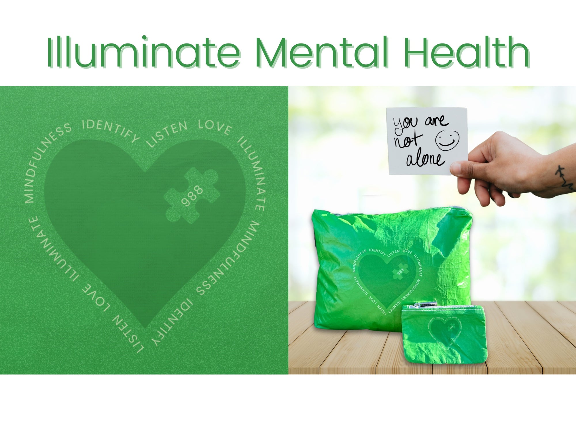 A photo of a Green Mental Health Set of two Zipper Pouches with a close up of the heart print and words on the bag.