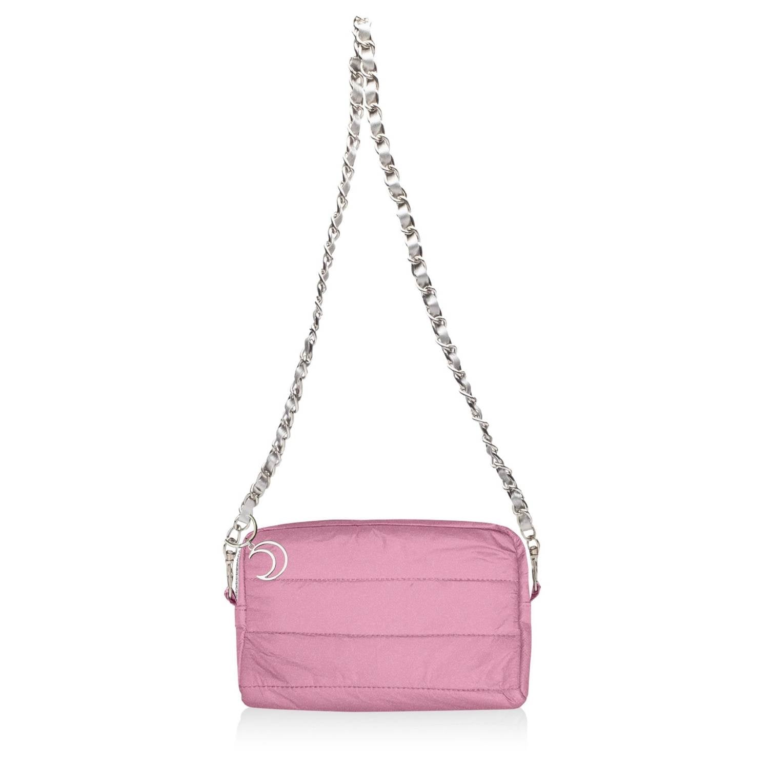 Pink handbag with moon keychain and chain strap on a white background