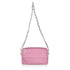Pink handbag with moon keychain and chain strap on a white background