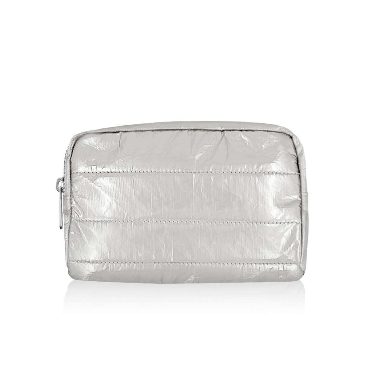 A metallic silver puffer clutch shown on a clean white background.