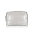A metallic silver puffer clutch shown on a clean white background.